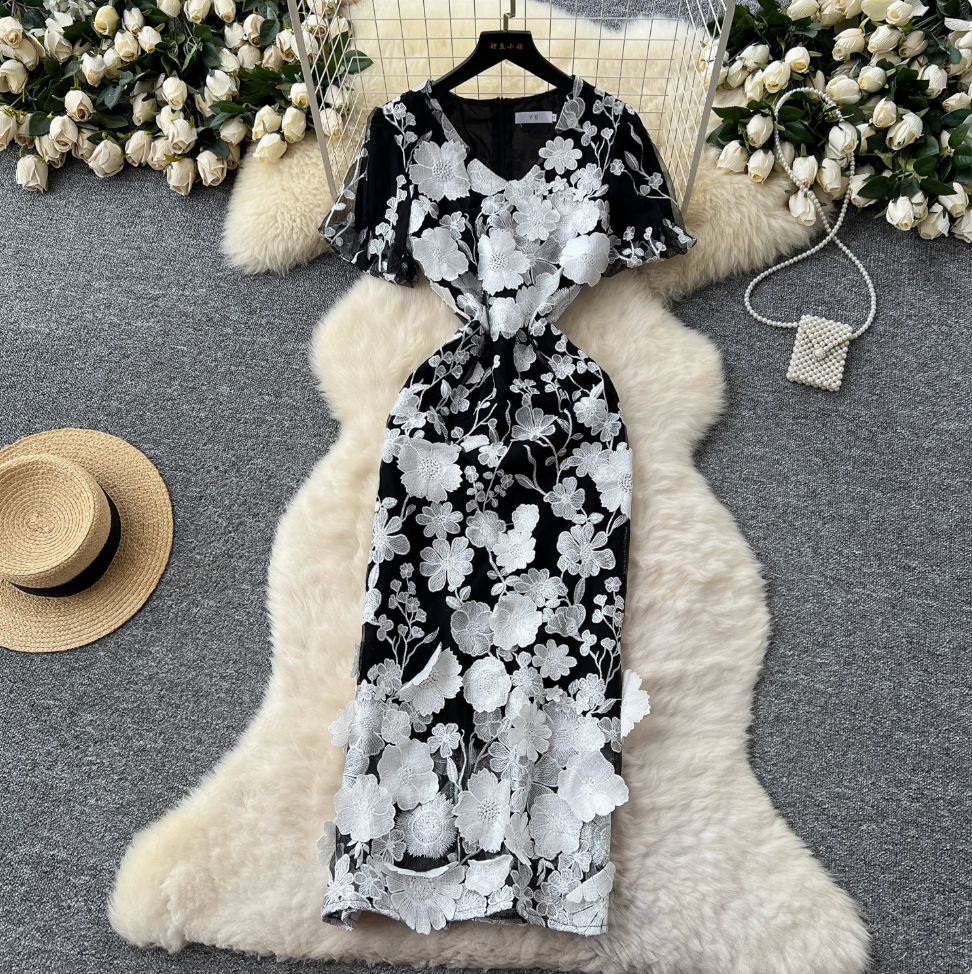 V-neck Flower Embroidered Party Dress