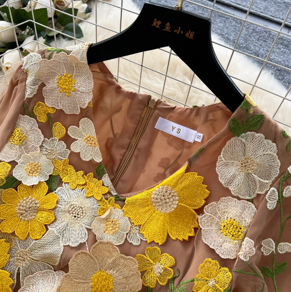 V-neck Flower Embroidered Party Dress