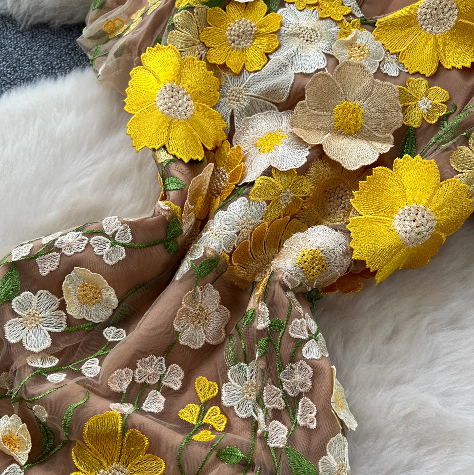 V-neck Flower Embroidered Party Dress