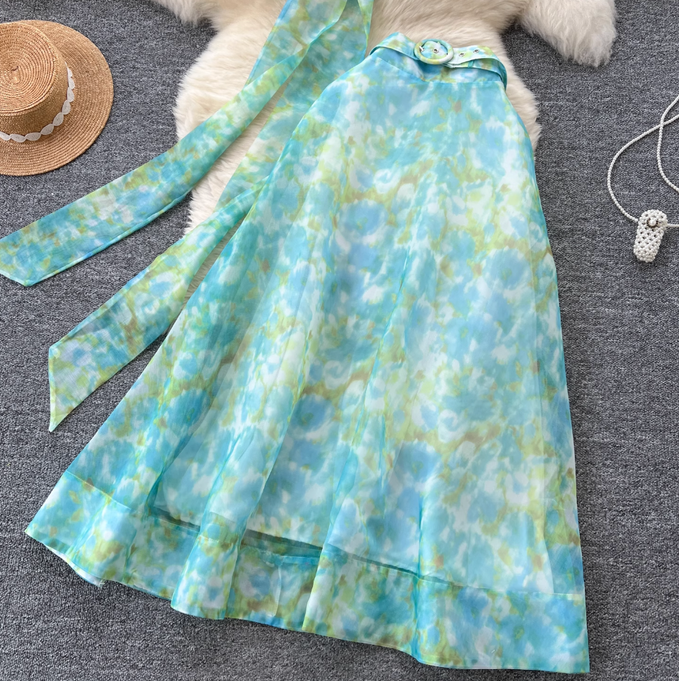 Bow-tie Top & Printed Skirt 2Pcs