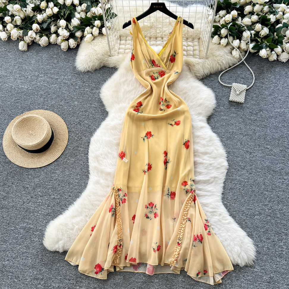 Vintage Floral Printed Fishtail Dress