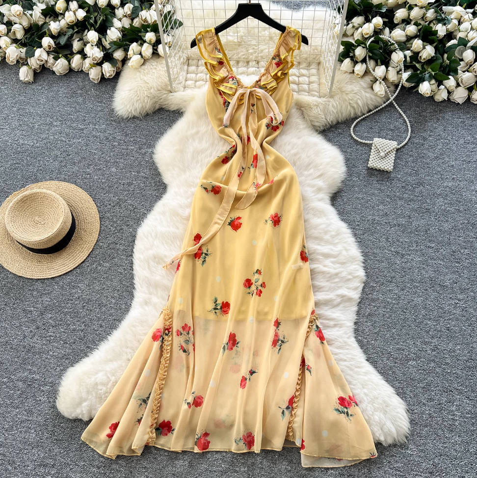 Vintage Floral Printed Fishtail Dress