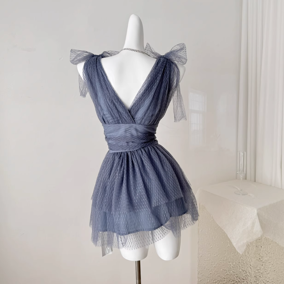 V-neck Grayish Blue Puffy Dress