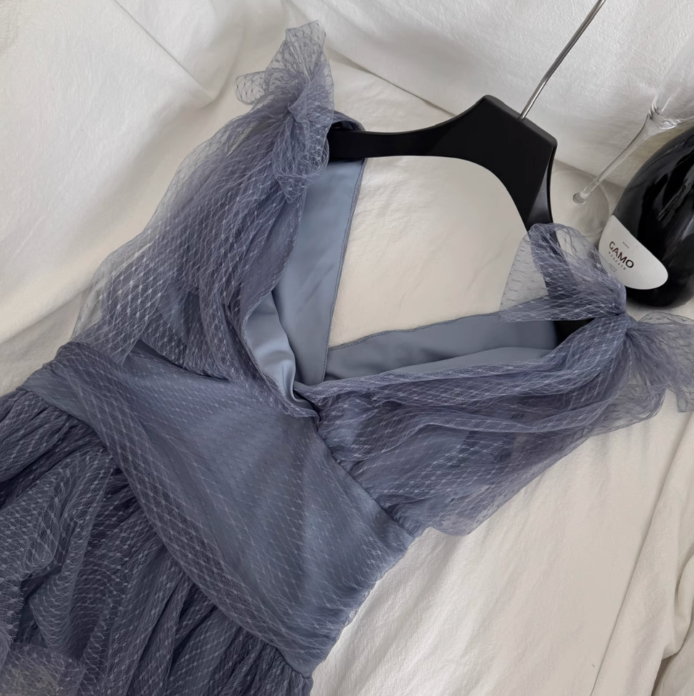 V-neck Grayish Blue Puffy Dress