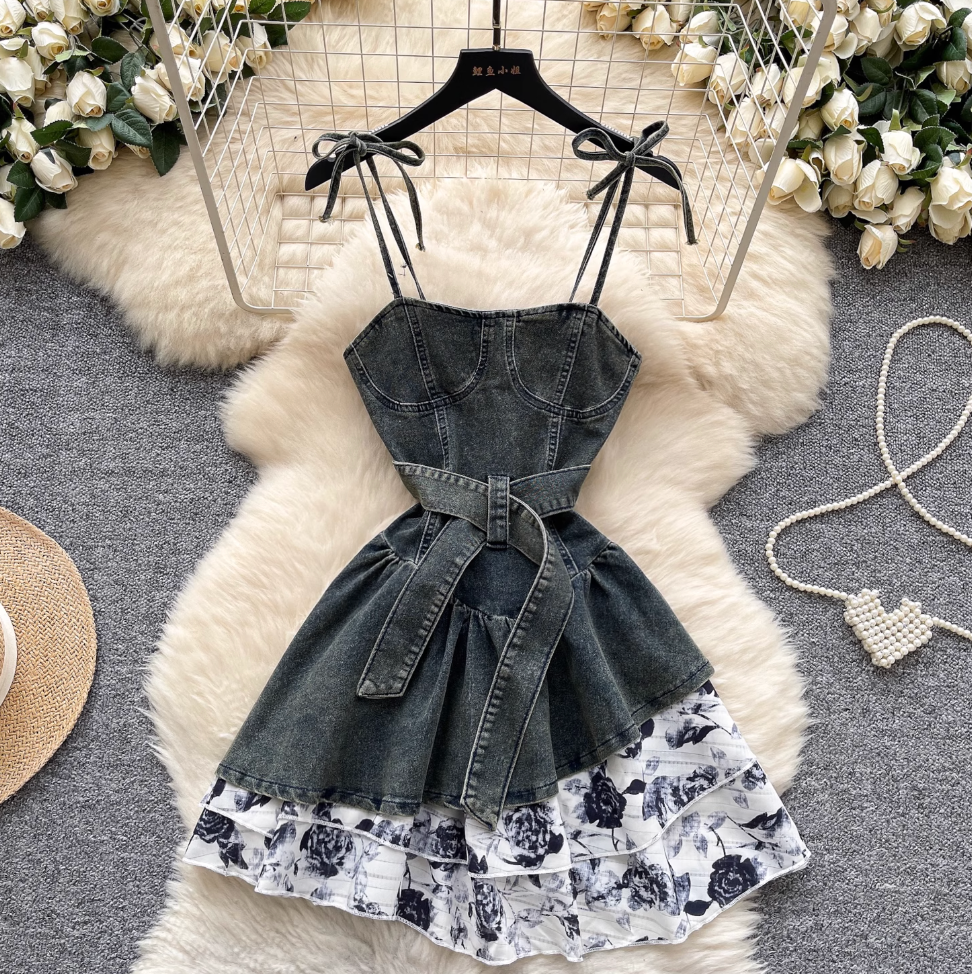 Niche Floral Patchwork Denim Slip Dress