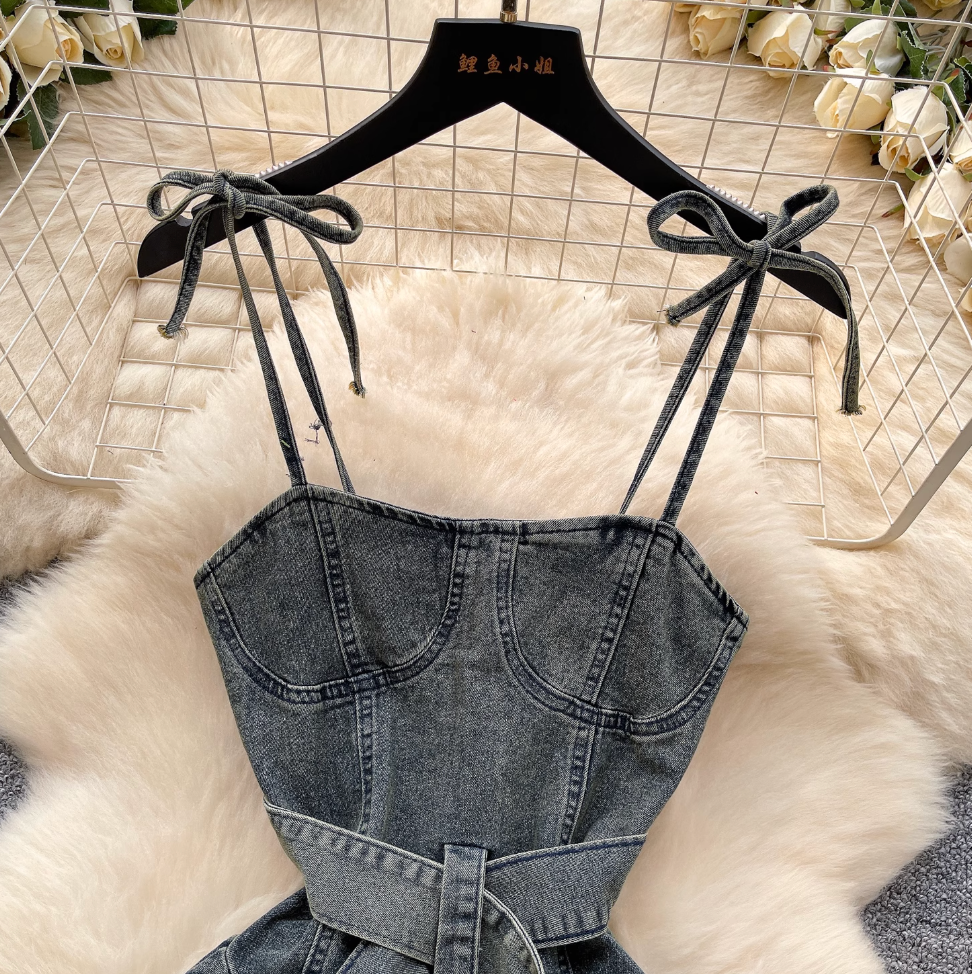 Niche Floral Patchwork Denim Slip Dress