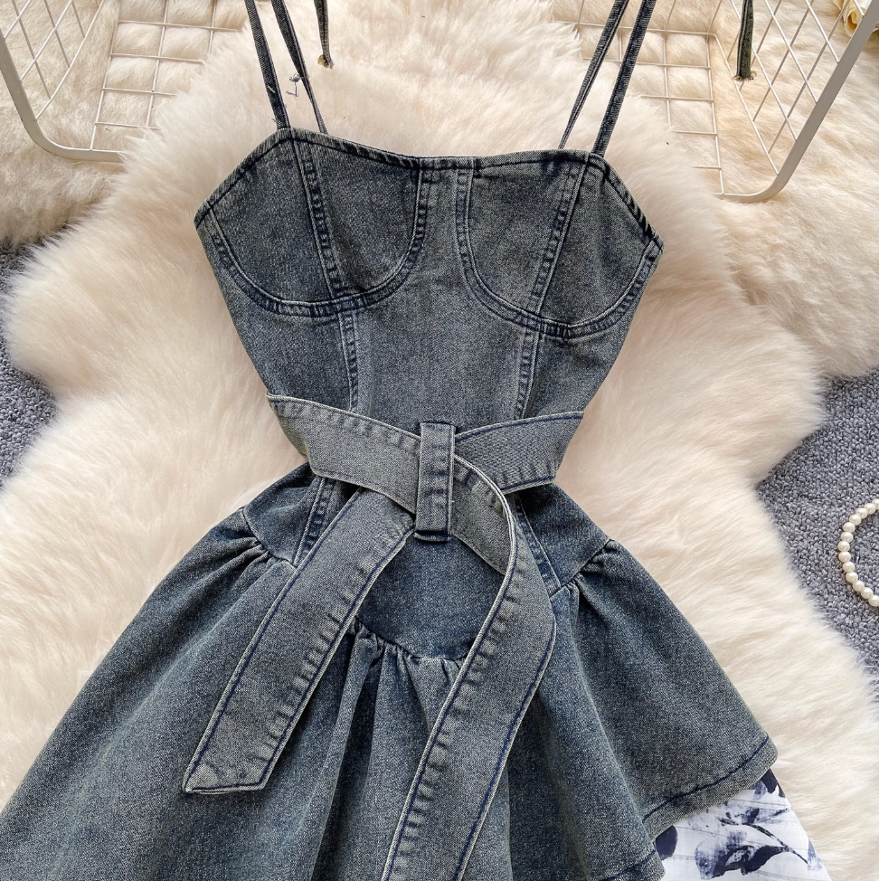 Niche Floral Patchwork Denim Slip Dress
