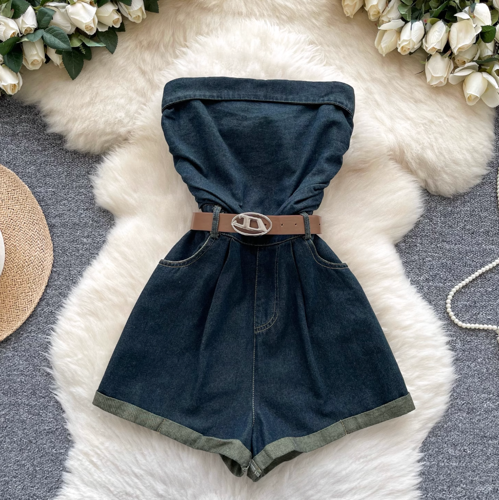 Chic Denim Rompers with Belt