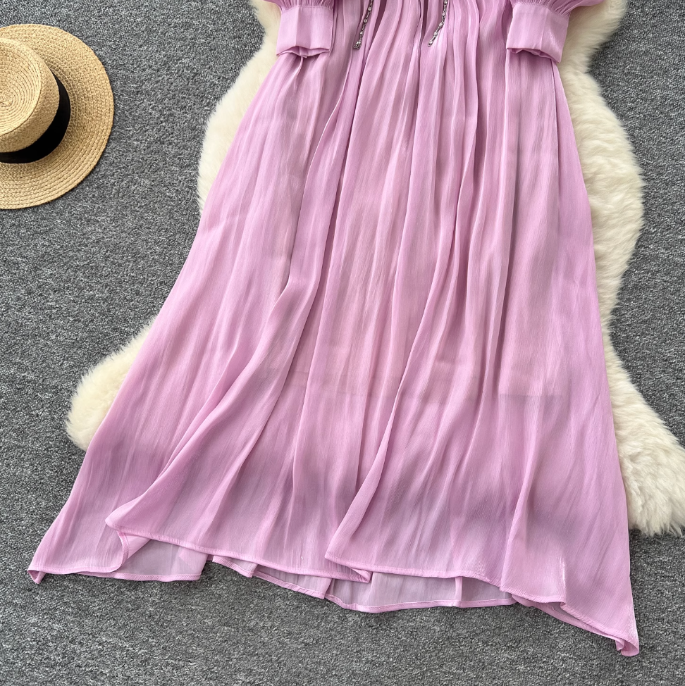 French Style V-neck Glossy Chiffon Dress