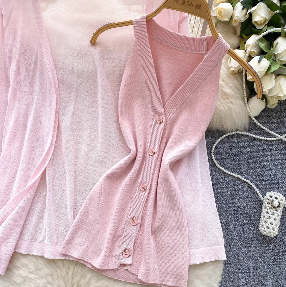 Knitted Vest & Sunscreen Cardigan 2Pcs