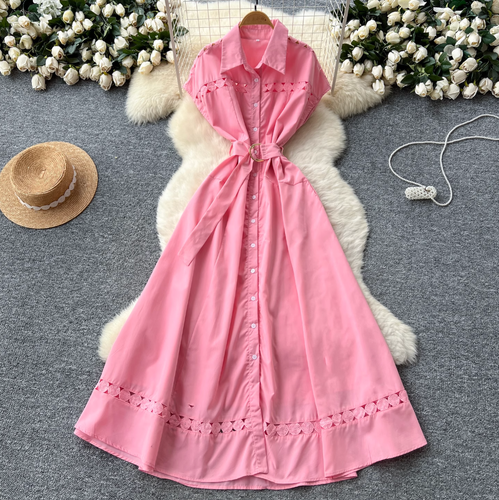Elegant Hollowed Patchwork Shirt Dress
