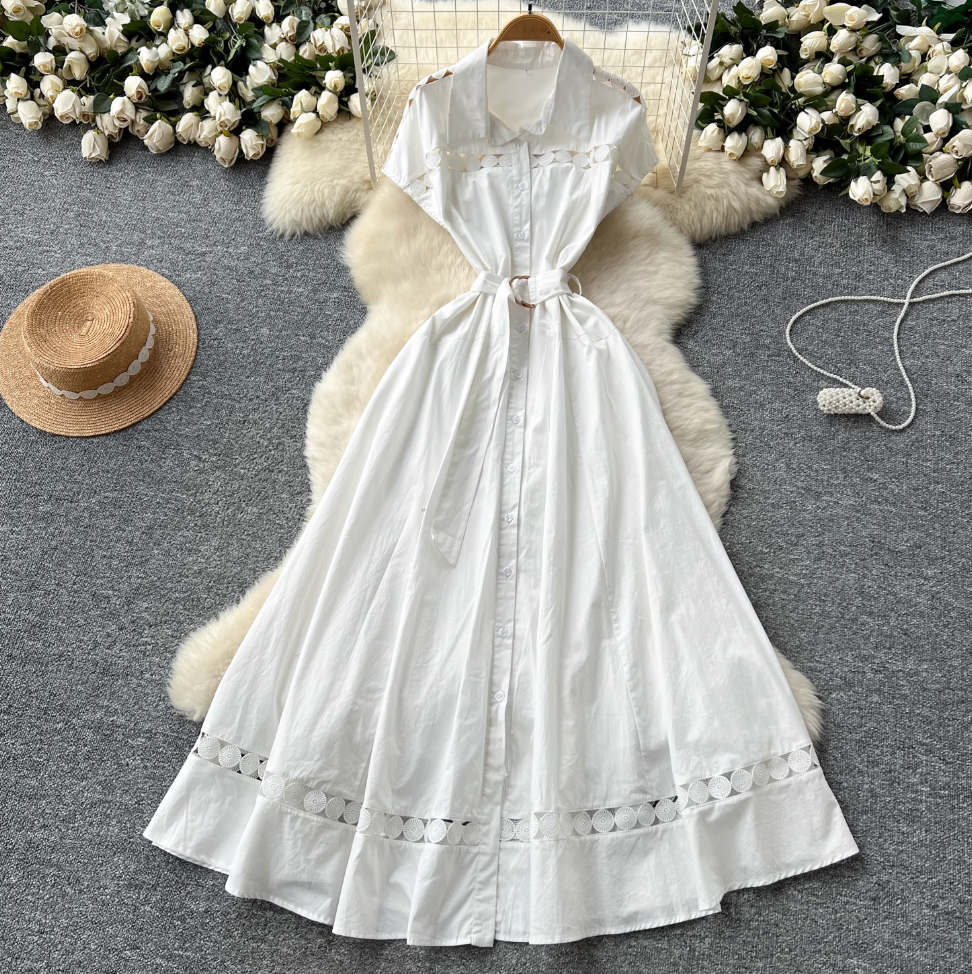 Elegant Hollowed Patchwork Shirt Dress