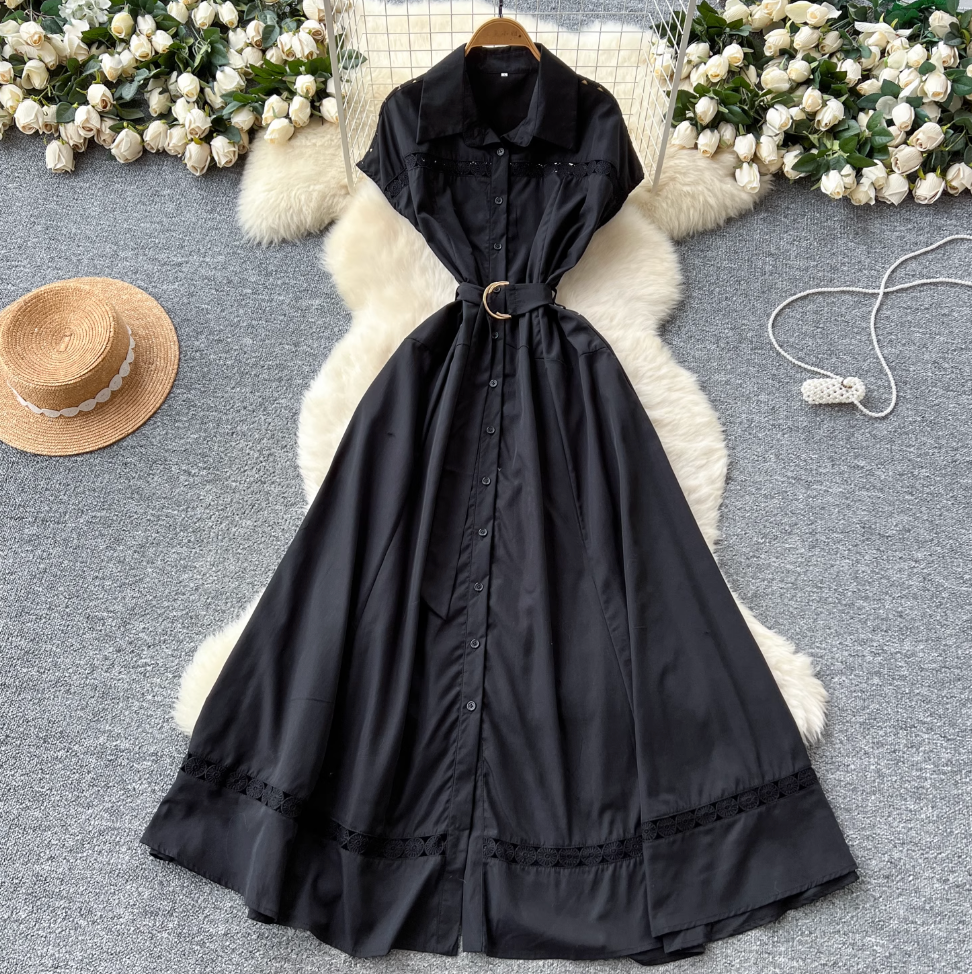 Elegant Hollowed Patchwork Shirt Dress