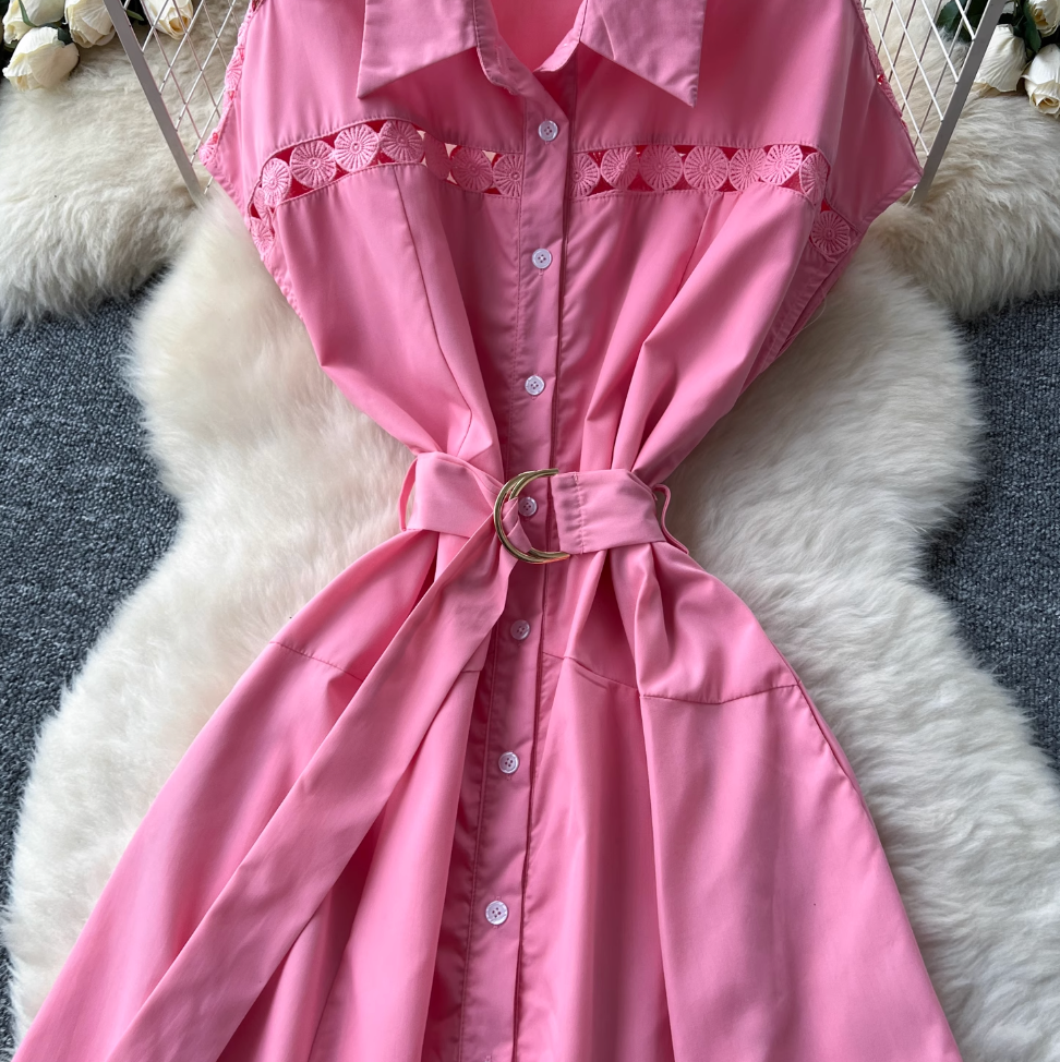Elegant Hollowed Patchwork Shirt Dress
