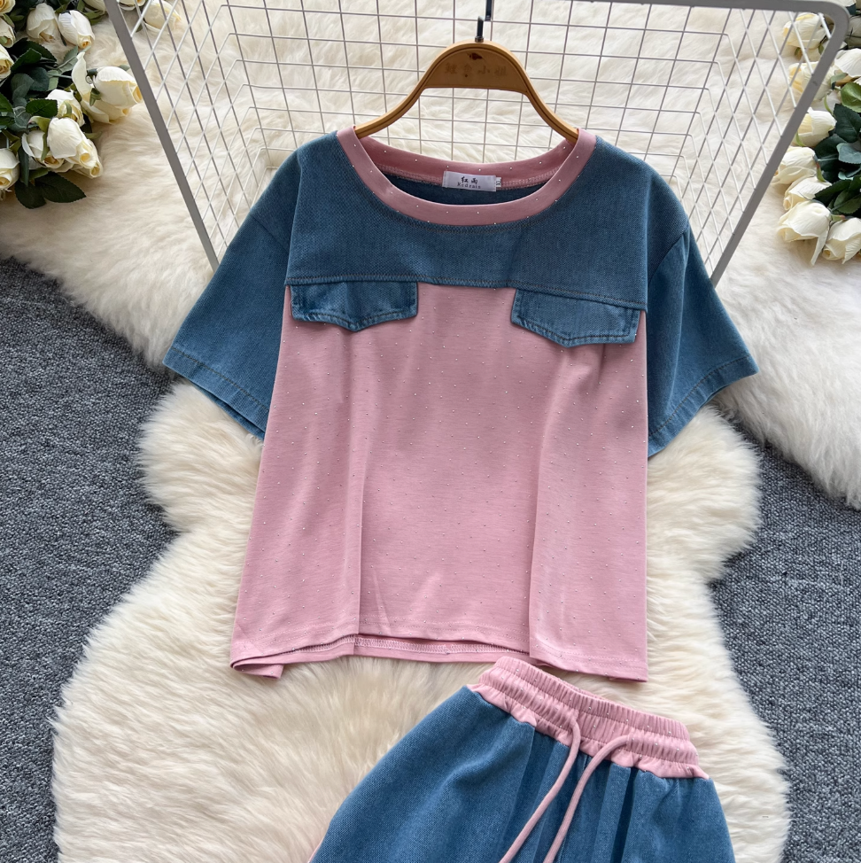 Denim Patchwork Shirt & Trousers 2Pcs
