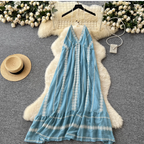 Blue Embroidered Lace-up Halter Dress