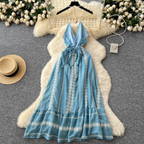 Blue Embroidered Lace-up Halter Dress