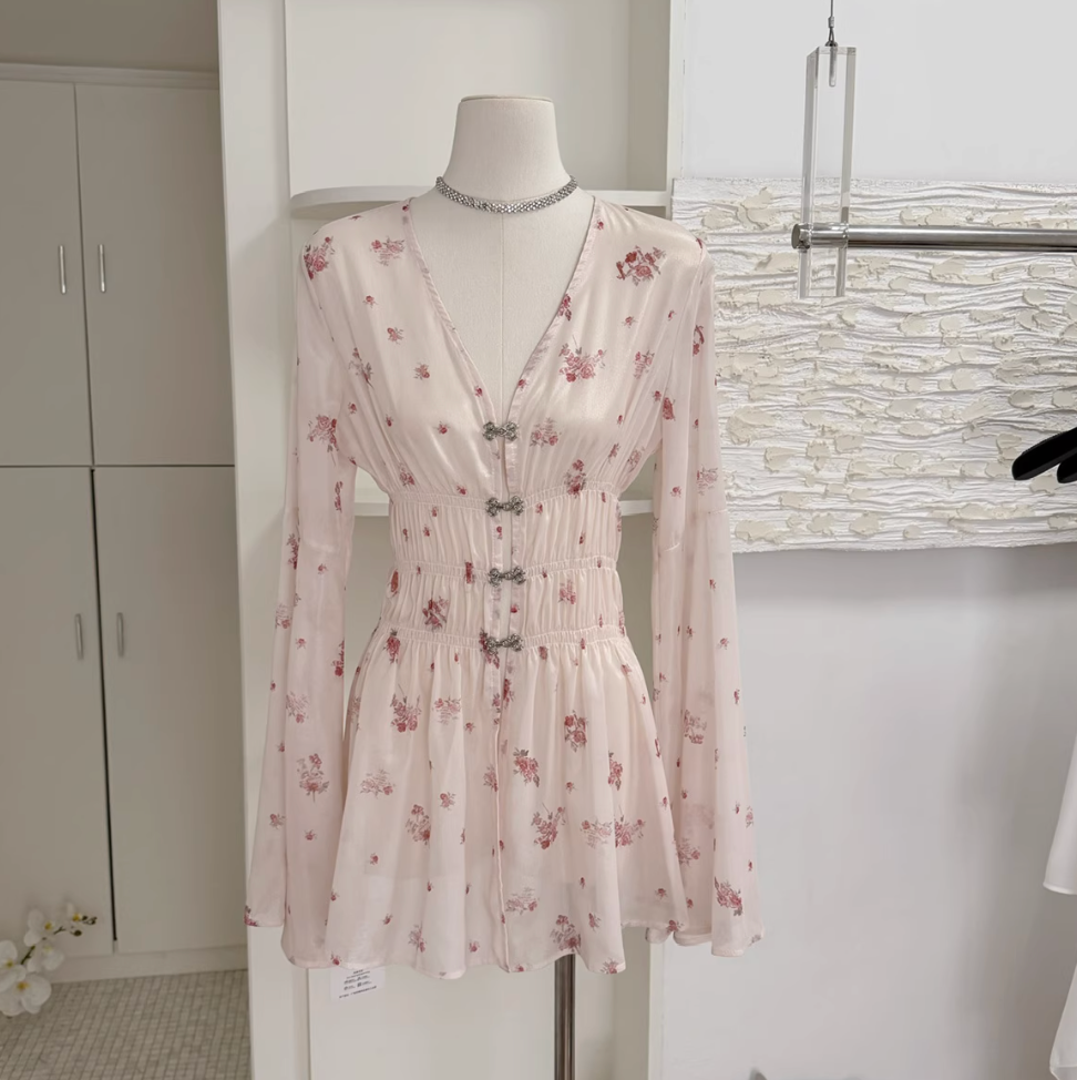 V-neck Pink Floral Chiffon Dress