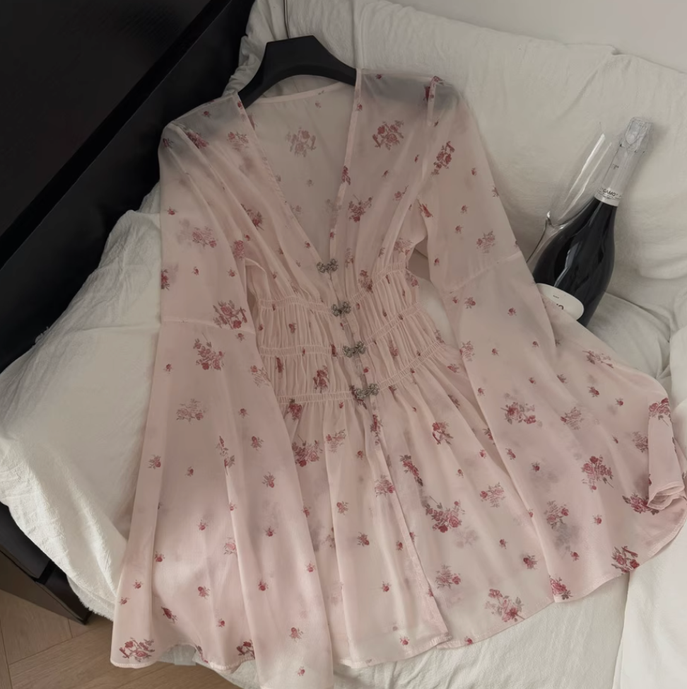 V-neck Pink Floral Chiffon Dress