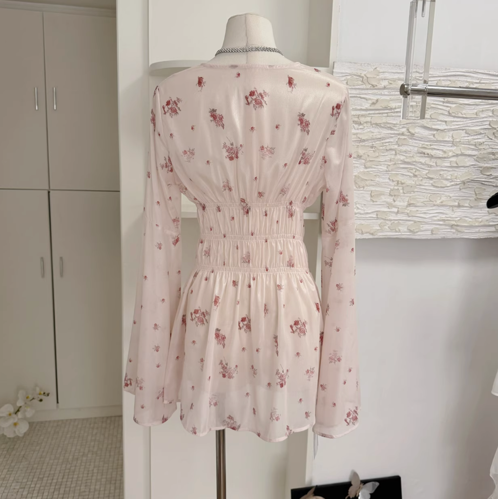 V-neck Pink Floral Chiffon Dress