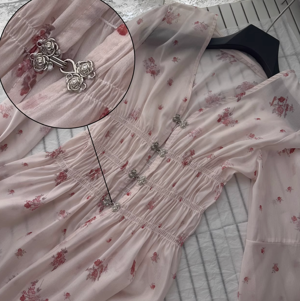 V-neck Pink Floral Chiffon Dress