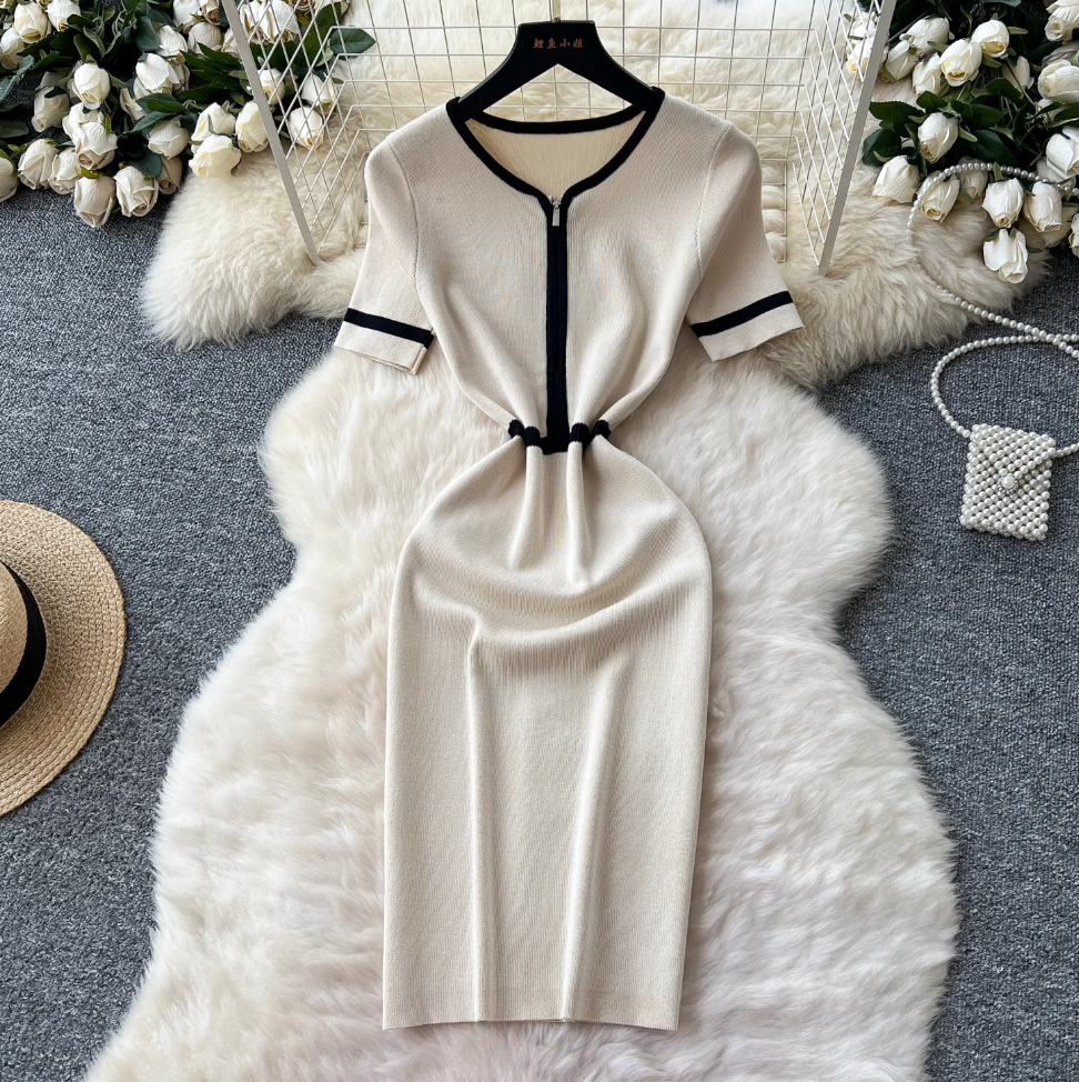Vintage Color Blocking Zipped Knit Dress