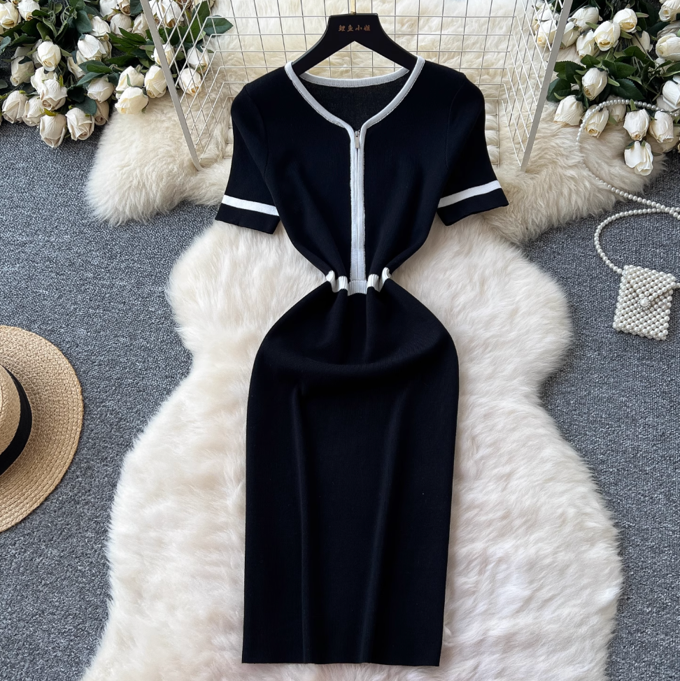 Vintage Color Blocking Zipped Knit Dress