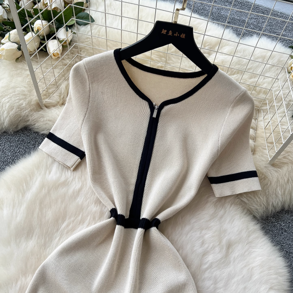 Vintage Color Blocking Zipped Knit Dress