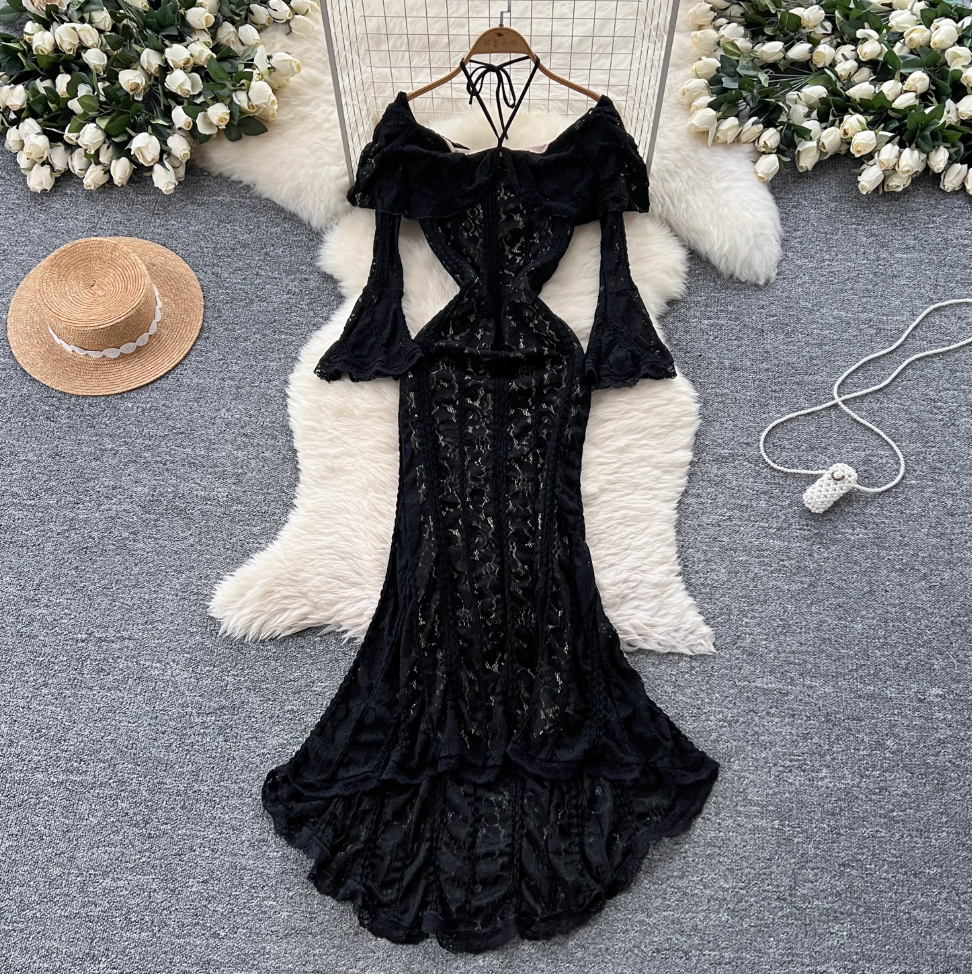 Ruffled Neckline Black Embroidered Halter Dress