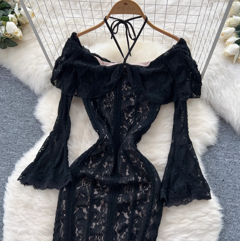 Ruffled Neckline Black Embroidered Halter Dress