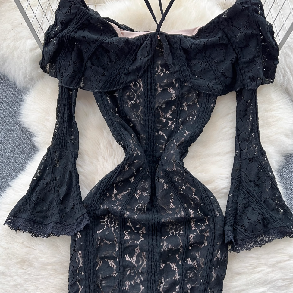 Ruffled Neckline Black Embroidered Halter Dress
