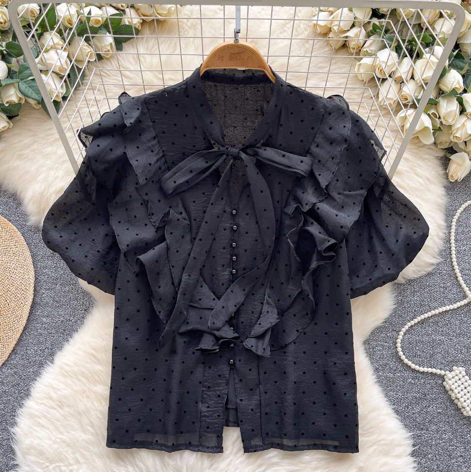 Heart Pattern Printed Ruffled Shirt