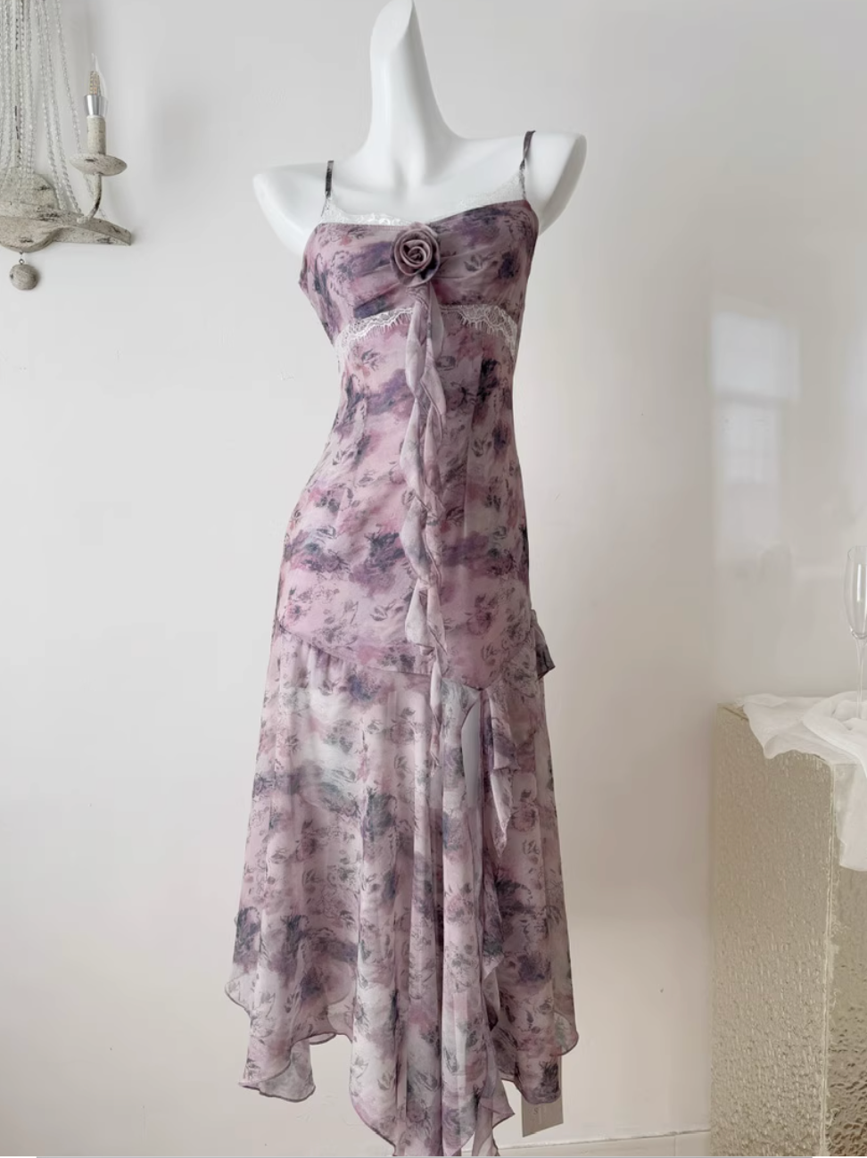 Purple Floral Ruffled Chiffon Slip Dress