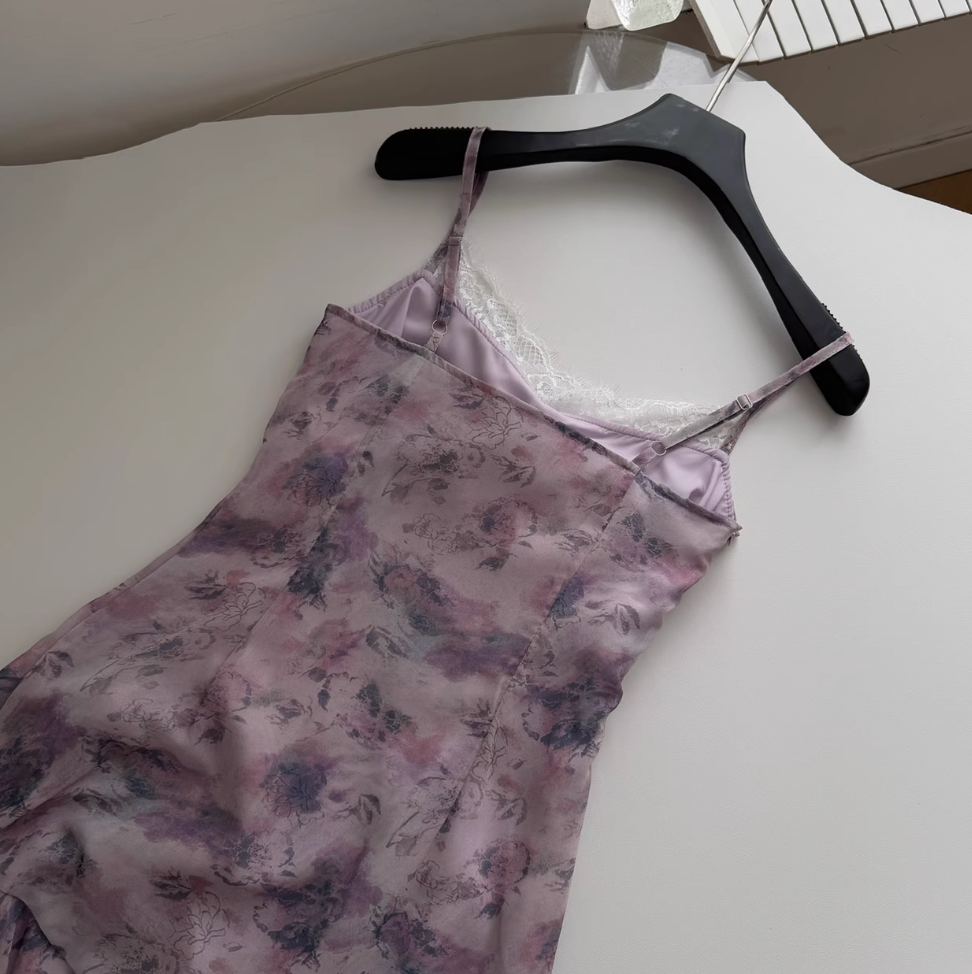 Purple Floral Ruffled Chiffon Slip Dress