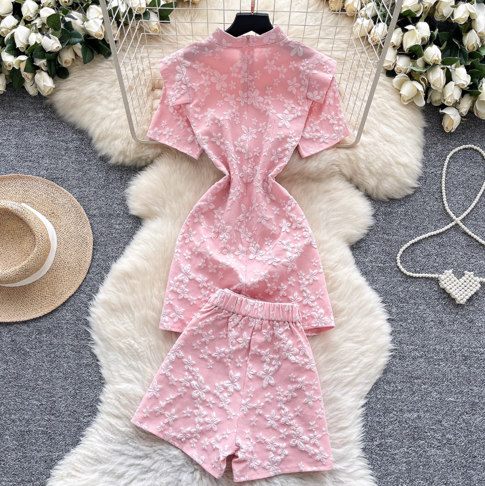 Plate Button Jacquard Cheongsam & Shorts 2Pcs