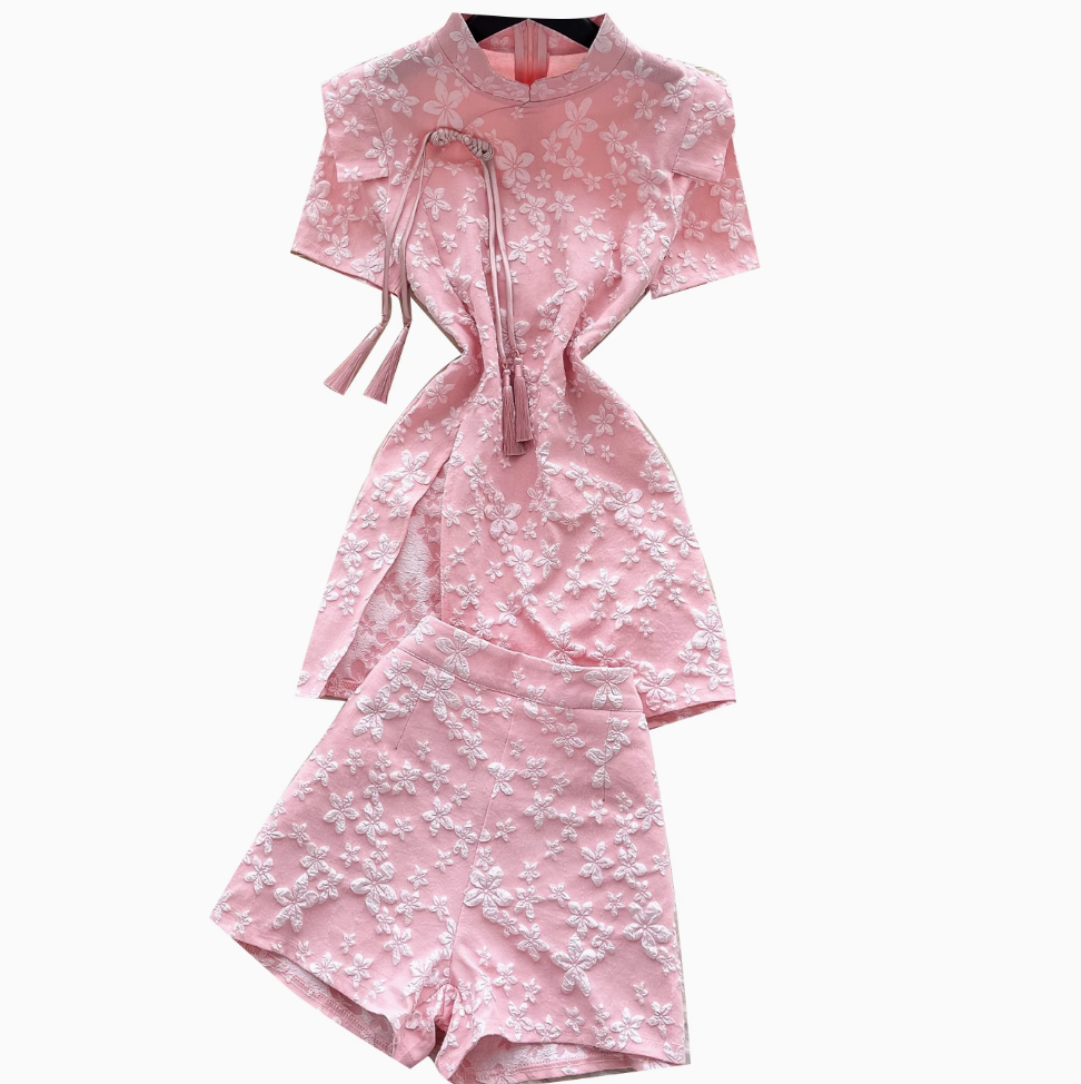 Plate Button Jacquard Cheongsam & Shorts 2Pcs