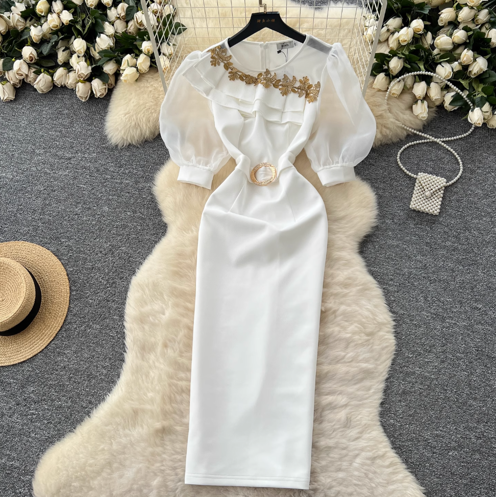 Puffy Sleeve Embroidery Mesh White Dress