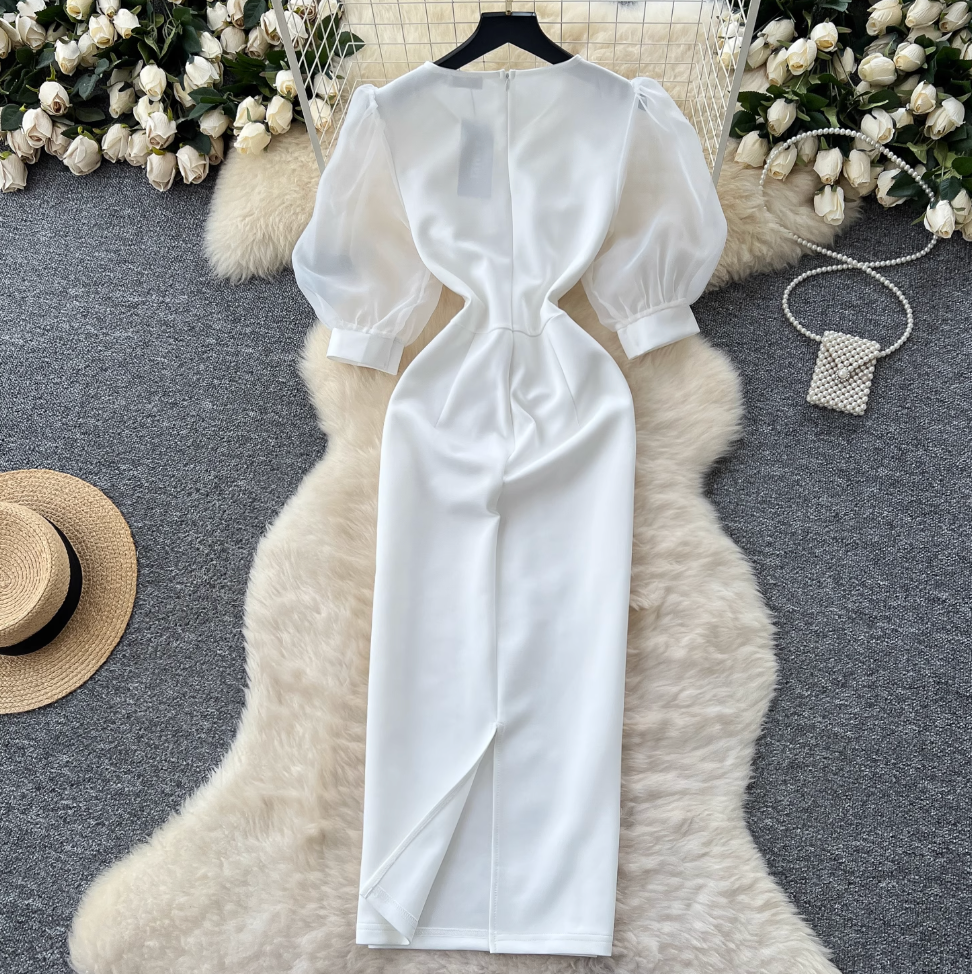 Puffy Sleeve Embroidery Mesh White Dress