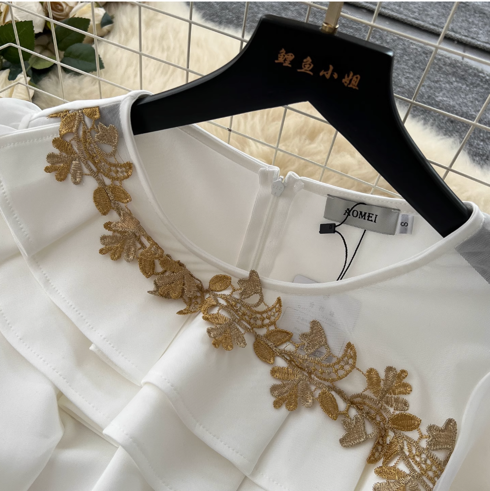 Puffy Sleeve Embroidery Mesh White Dress