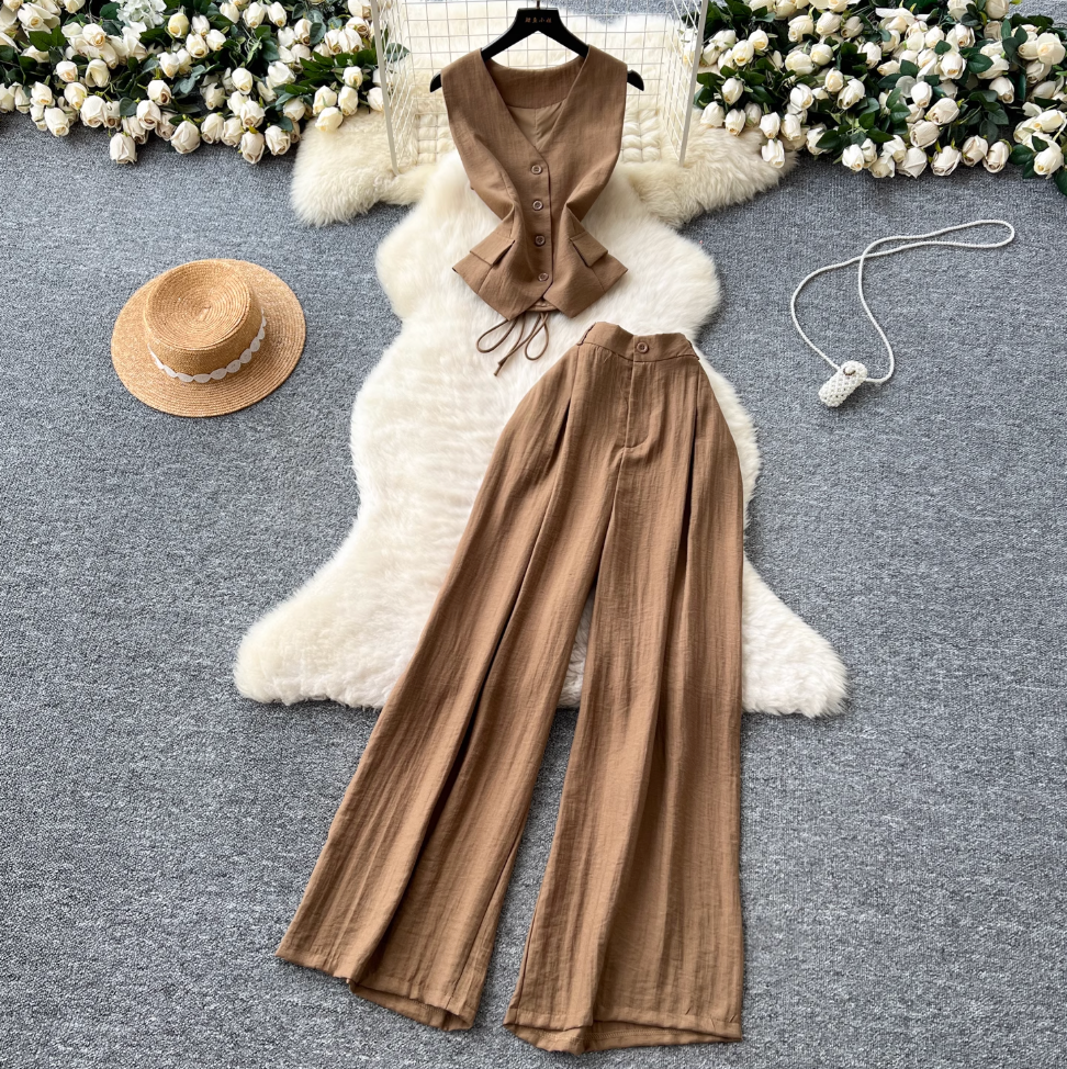 V-neck Vest & Wide-leg Trousers 2Pcs
