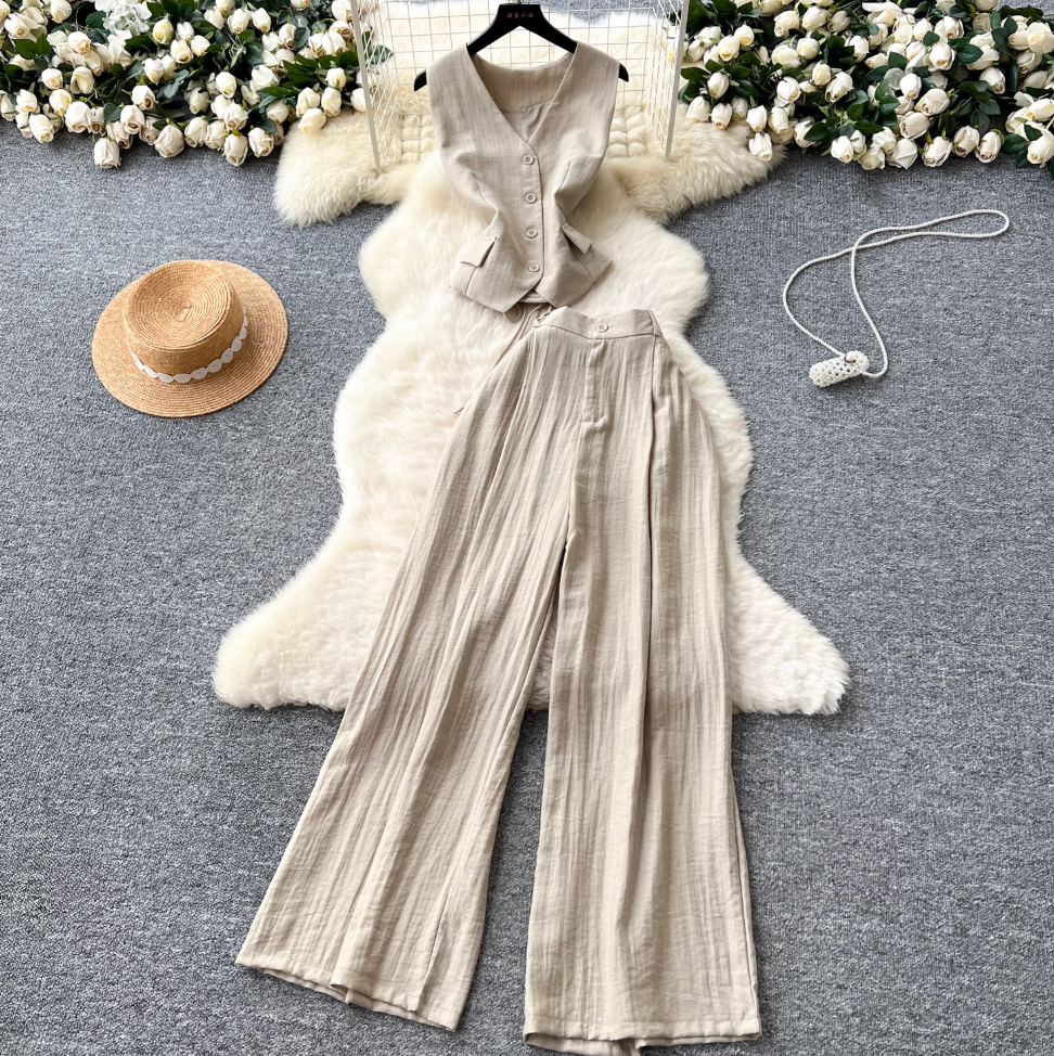 V-neck Vest & Wide-leg Trousers 2Pcs