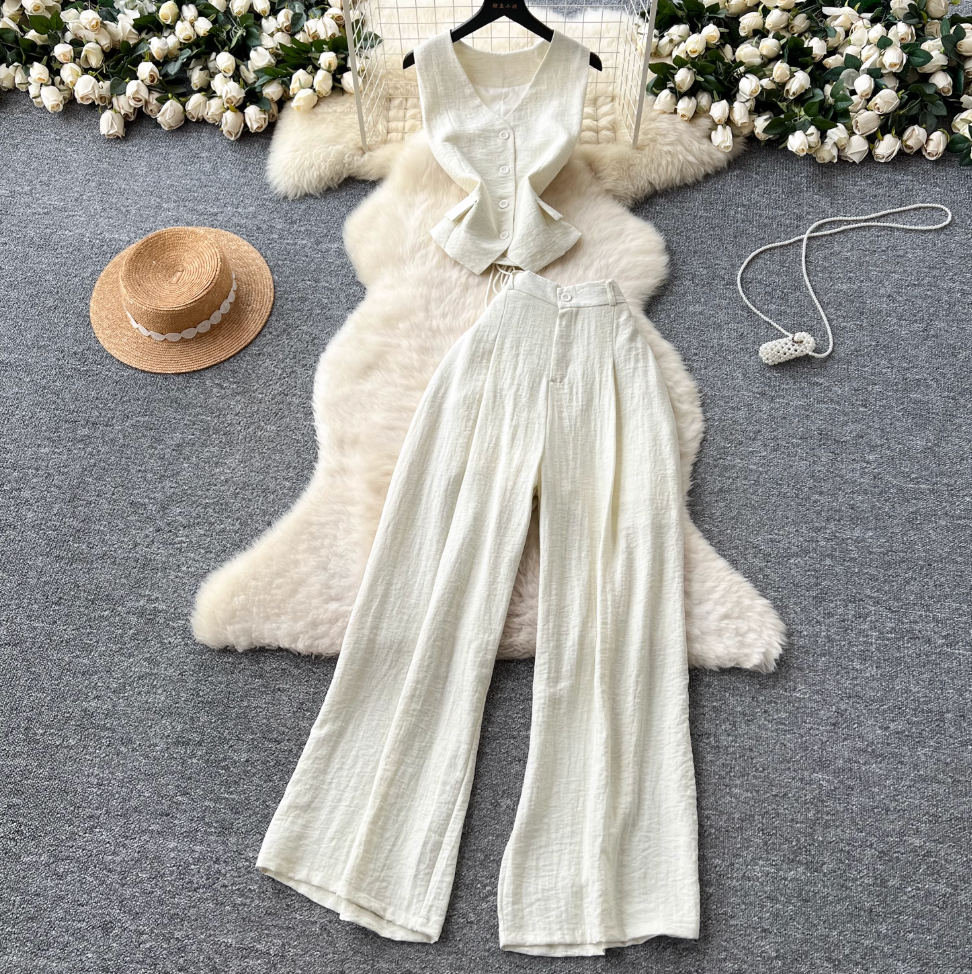 V-neck Vest & Wide-leg Trousers 2Pcs