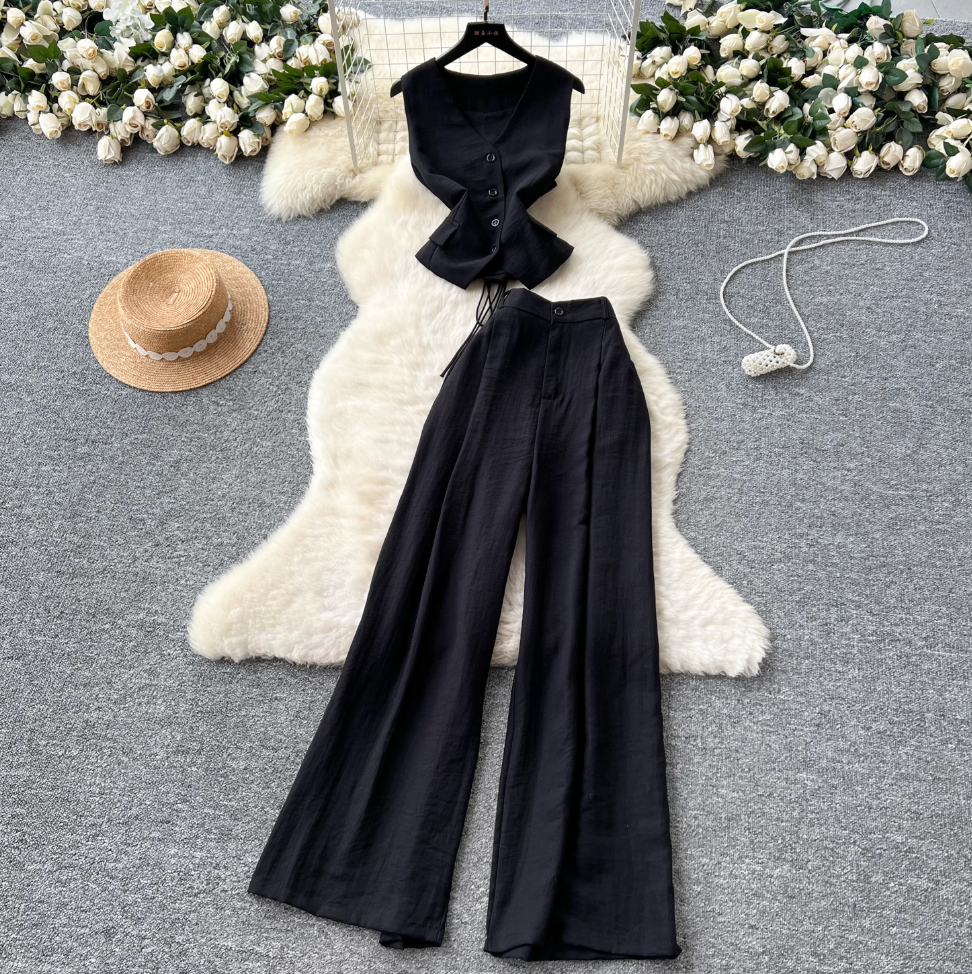 V-neck Vest & Wide-leg Trousers 2Pcs