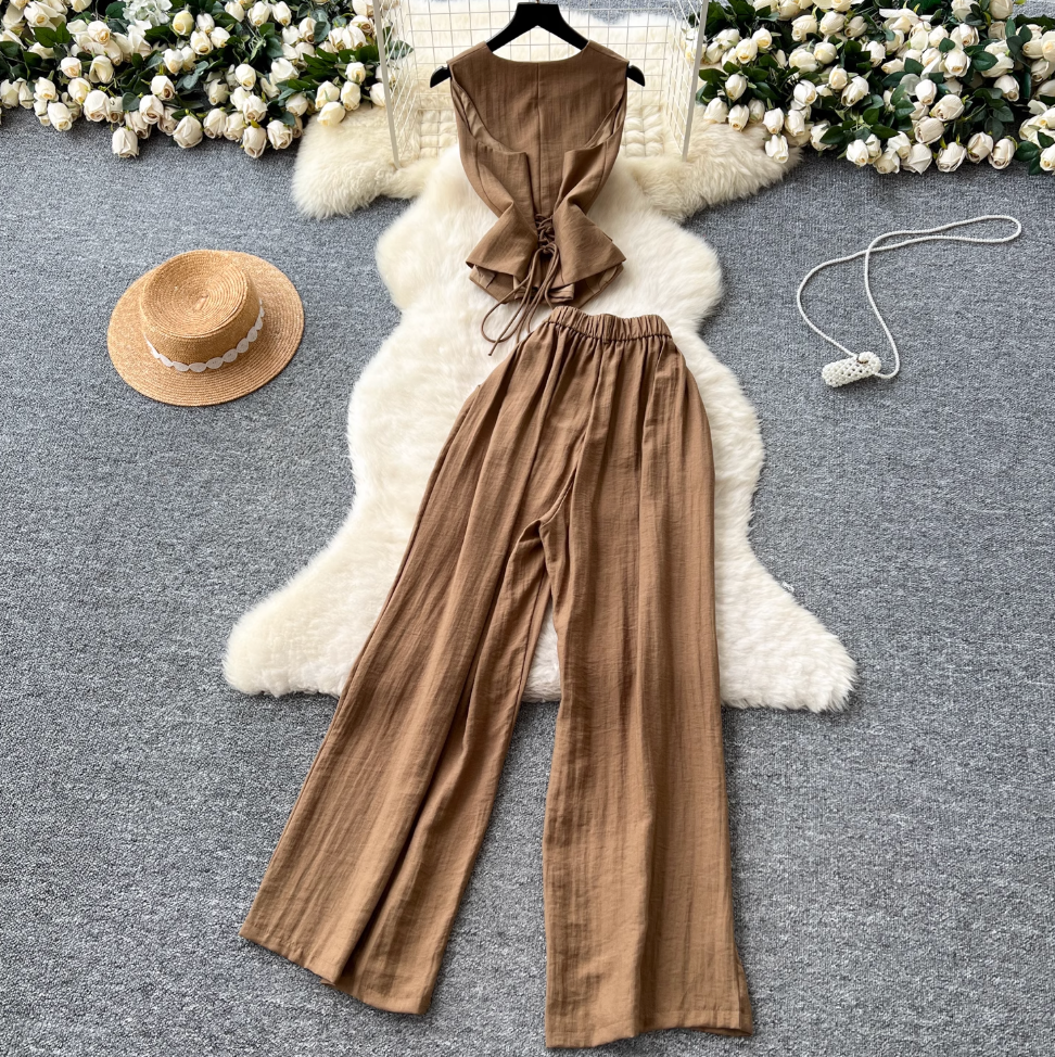 V-neck Vest & Wide-leg Trousers 2Pcs