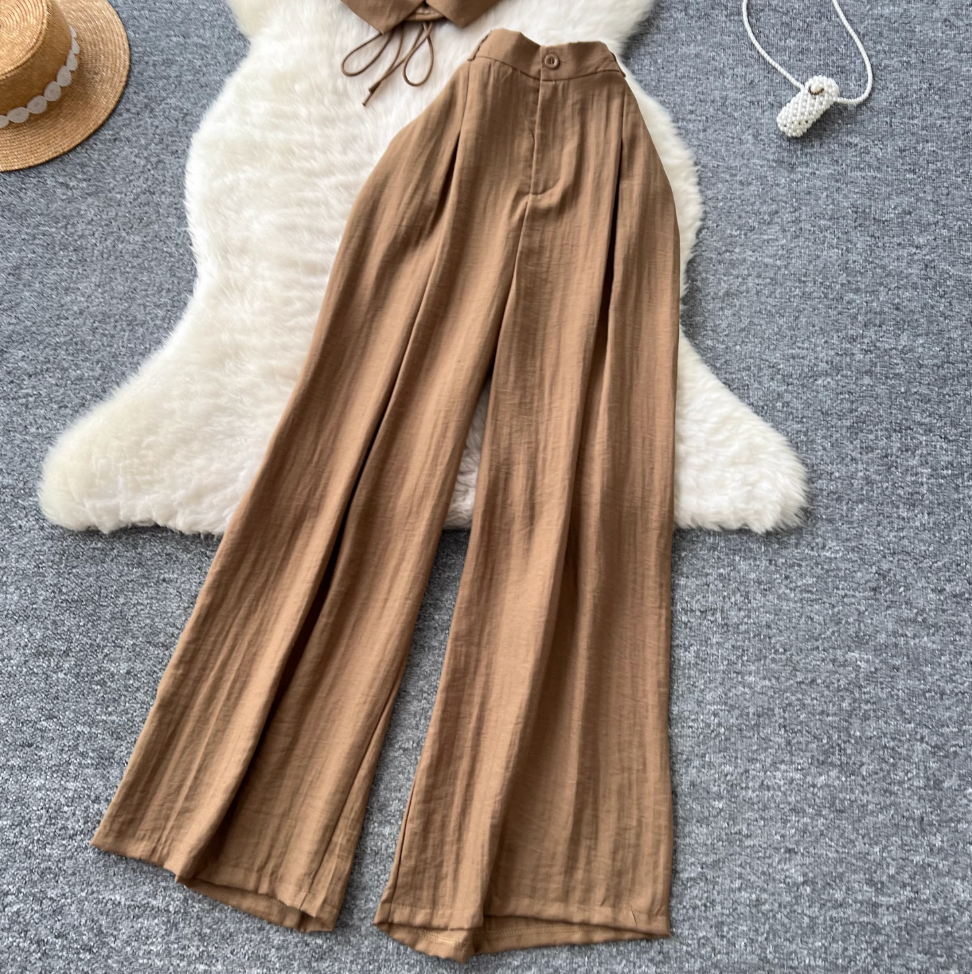 V-neck Vest & Wide-leg Trousers 2Pcs