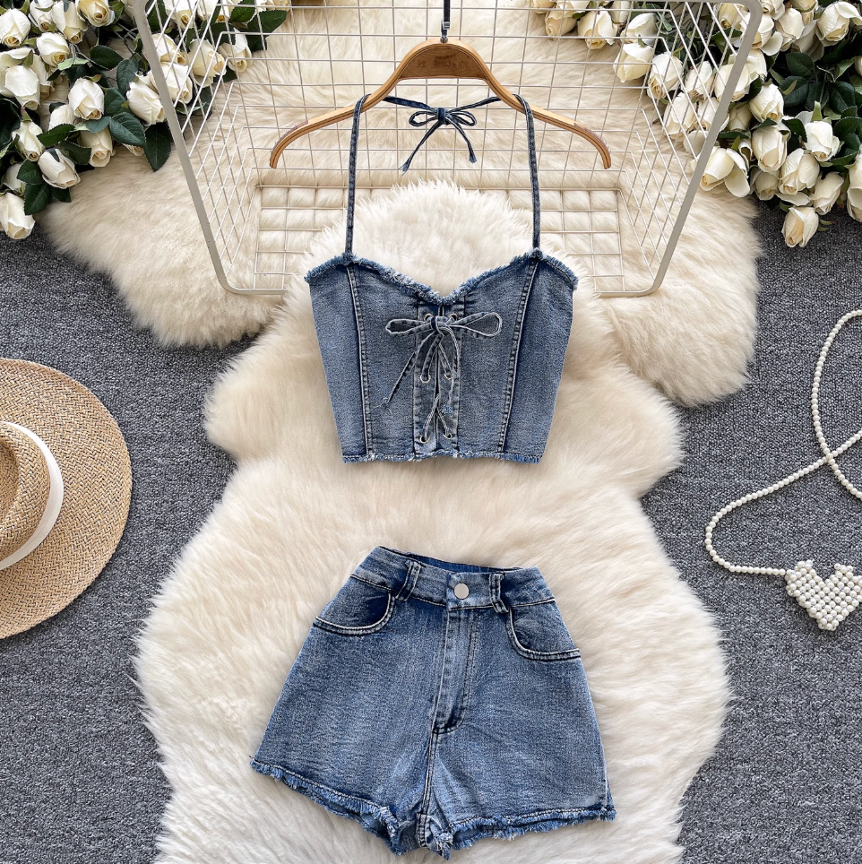 Chic Halter Top & Shorts Denim 2Pcs