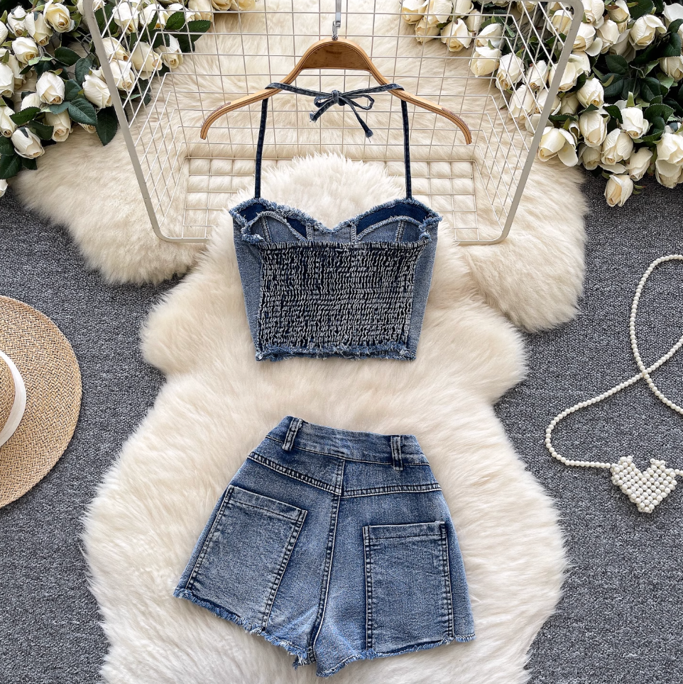 Chic Halter Top & Shorts Denim 2Pcs