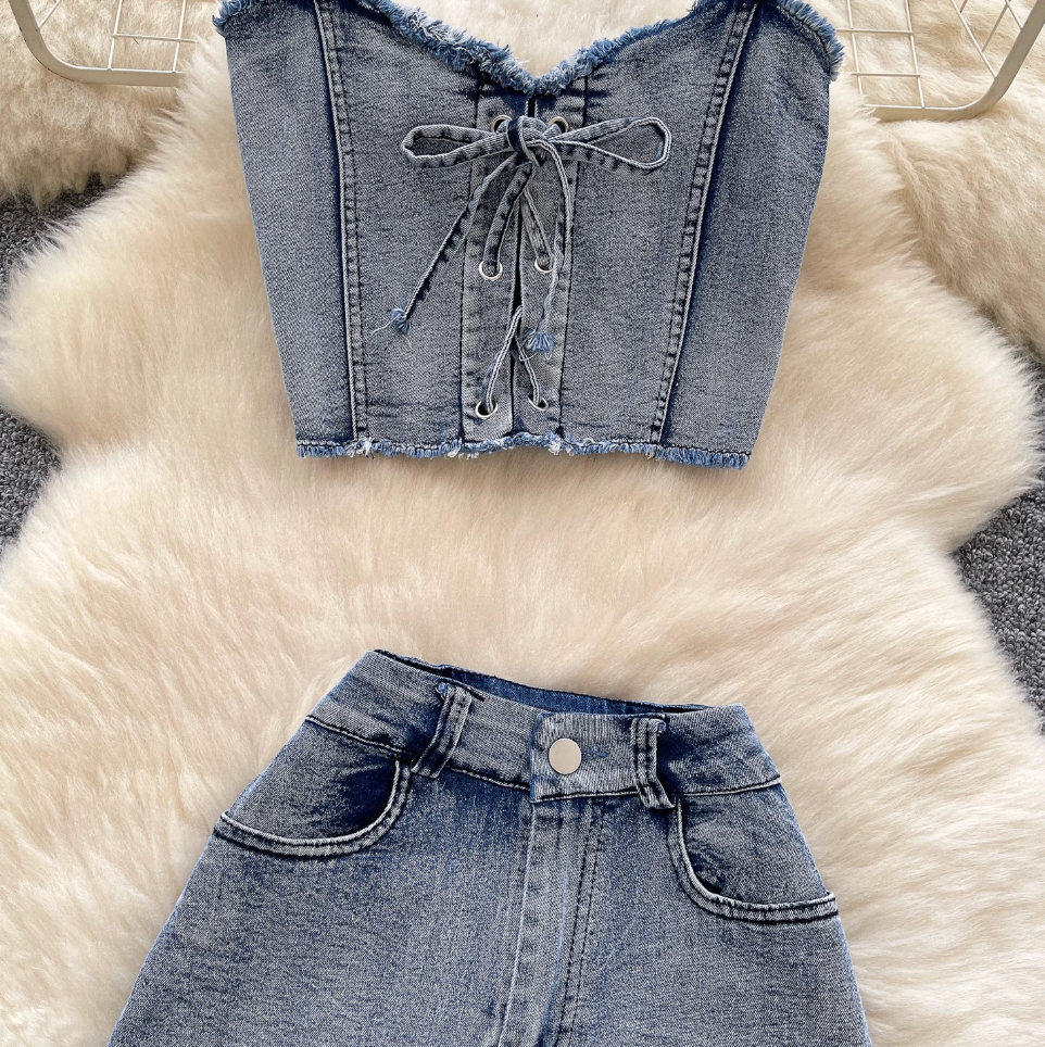 Chic Halter Top & Shorts Denim 2Pcs
