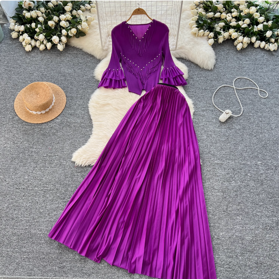 Niche Beaded Top & Pleated Skirt 2Pcs