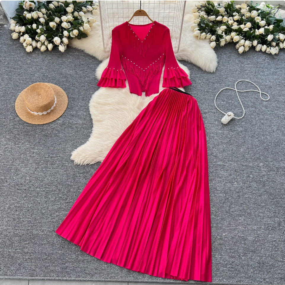 Niche Beaded Top & Pleated Skirt 2Pcs